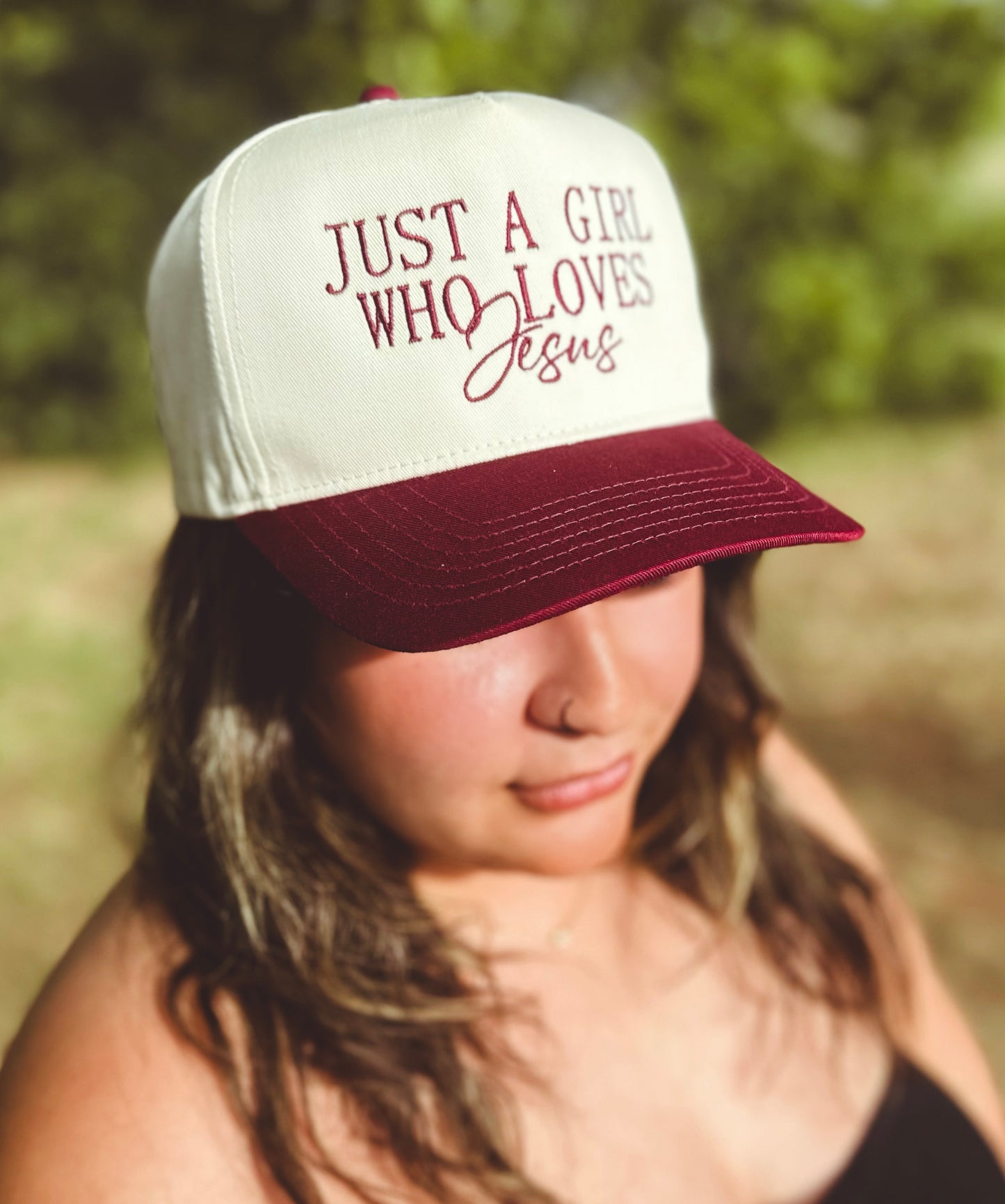 Just A Girl Who Loves Jesus Natural/ Maroon Twill Hat
