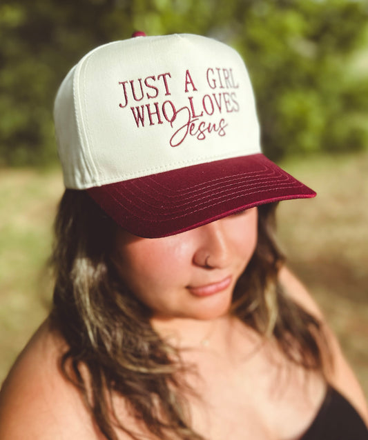 Just A Girl Who Loves Jesus Natural/ Maroon Twill Hat
